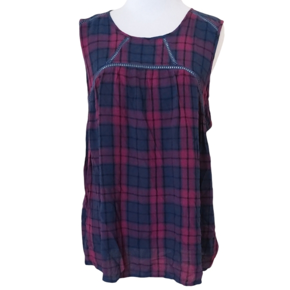 Knox Rose Purple & Blue Chunky Plaid High Neckline Flowy Sleeveless Tank Top - Picture 2 of 13